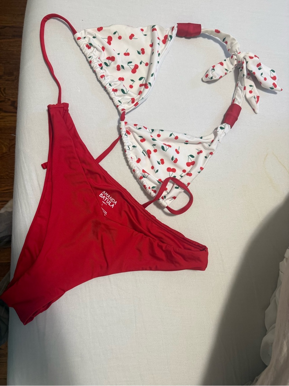 Amanda Batula Cherry Print Triangle Bikini Top & Red Bottoms